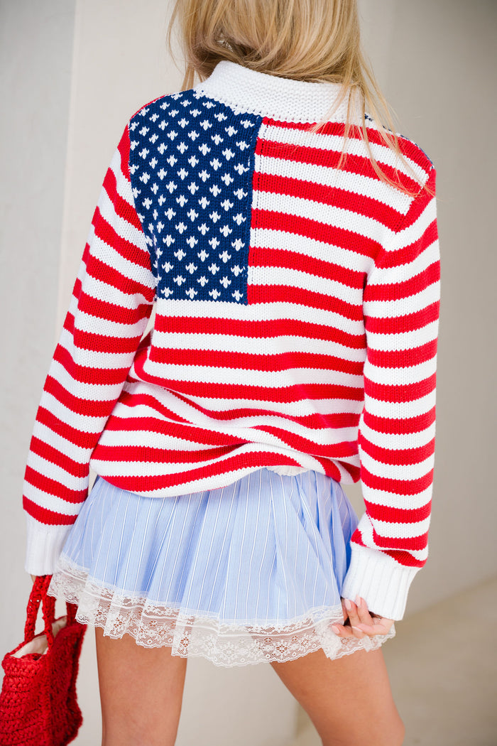Stars & Stripes Mock Neck Cardigan Sweater