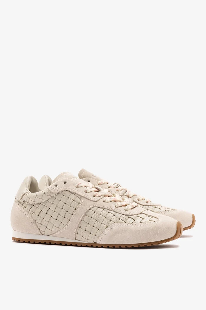 Stella Macrame Sneaker In Mushroom Grey Leather and Suede Sneaker Larroudé