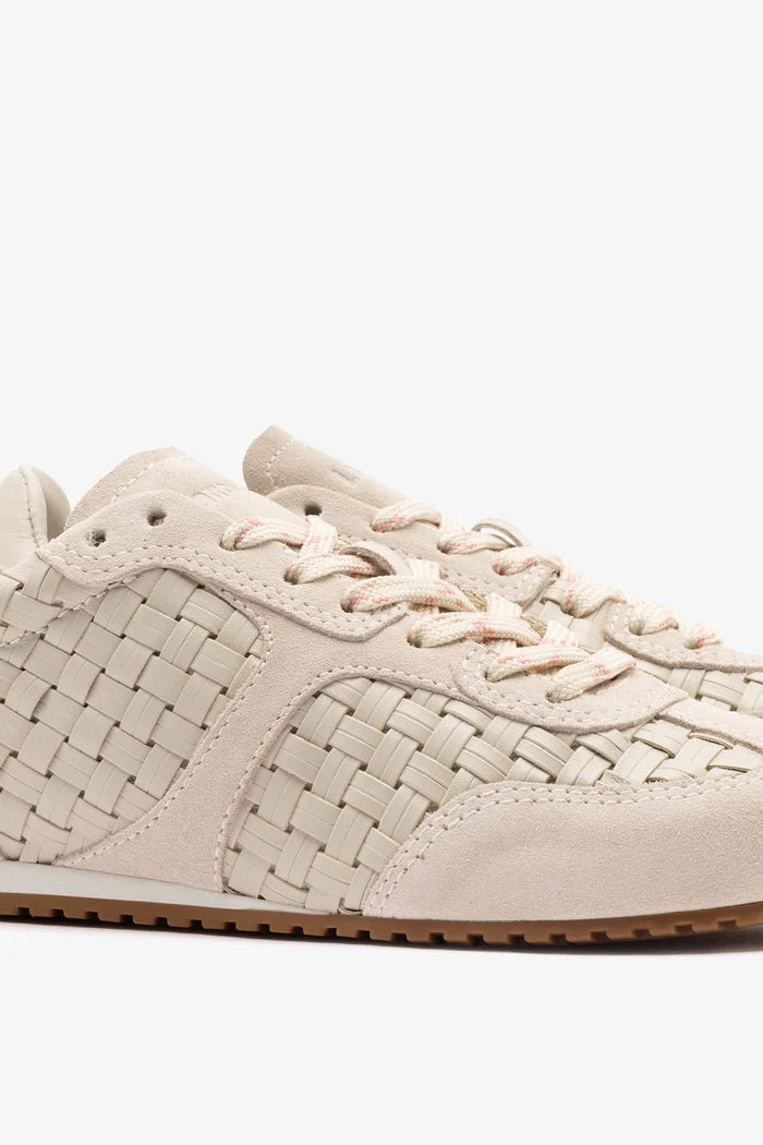 Stella Macrame Sneaker In Mushroom Grey Leather and Suede Sneaker Larroudé