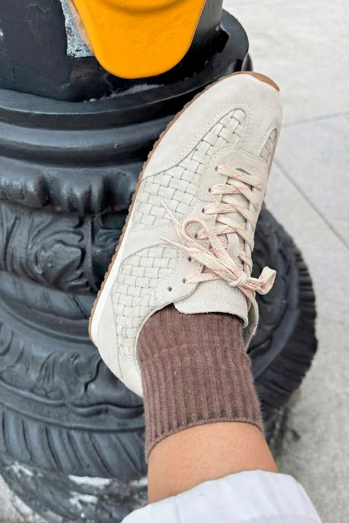 Stella Macrame Sneaker In Mushroom Grey Leather and Suede Sneaker Larroudé