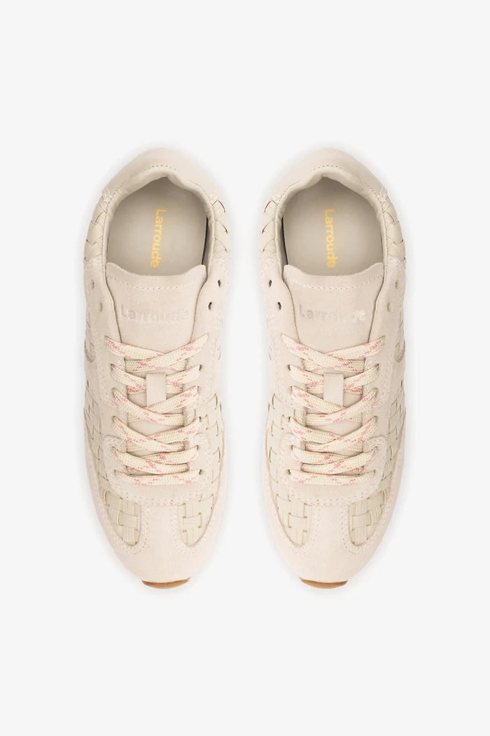Stella Macrame Sneaker In Mushroom Grey Leather and Suede Sneaker Larroudé
