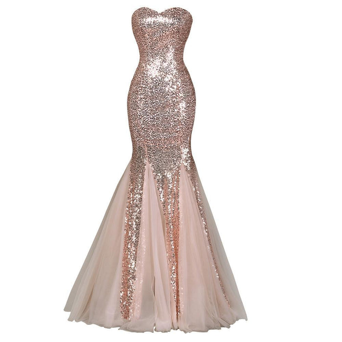 Strapless Sequin Prom Dress Wedding Ball Gowns Floor-Length Evening Maxi Dress