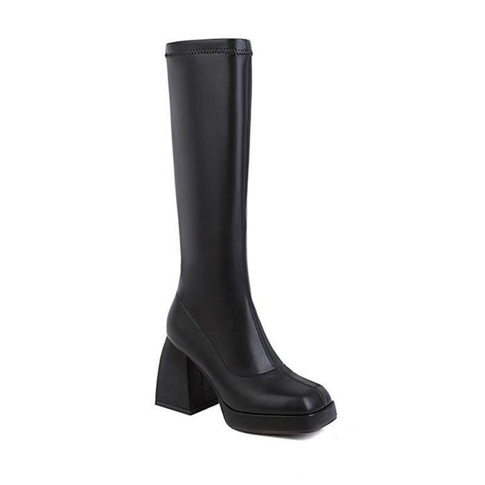 Tucomosi stylish black knee high boots with a chunky heel for fashionable looks
