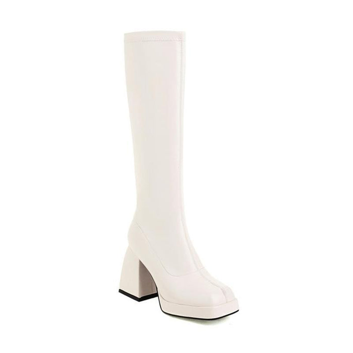 Tucomosi stylish black knee high boots with chunky heels for a fashionable look