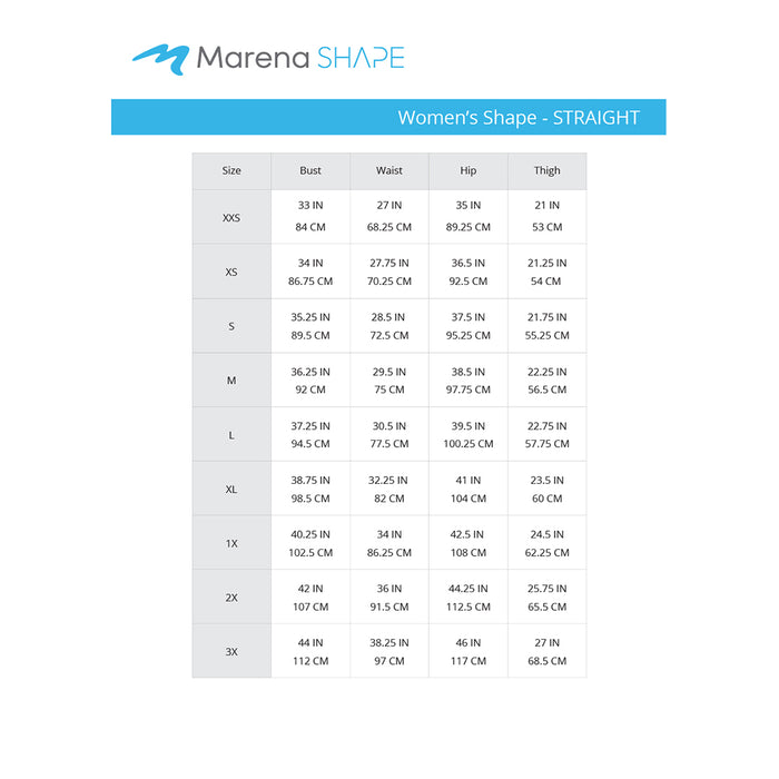 Marena Shape Women's Straight size chart, bust waist hip thigh point of measure