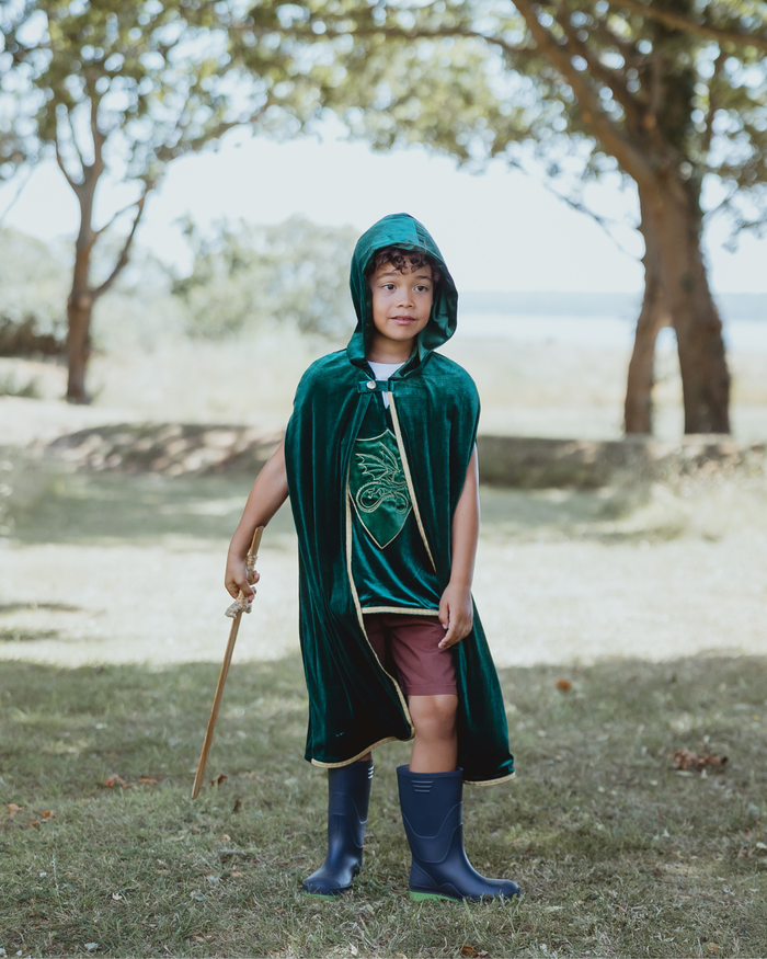 Green velvet hooded cape for kids - fourth view