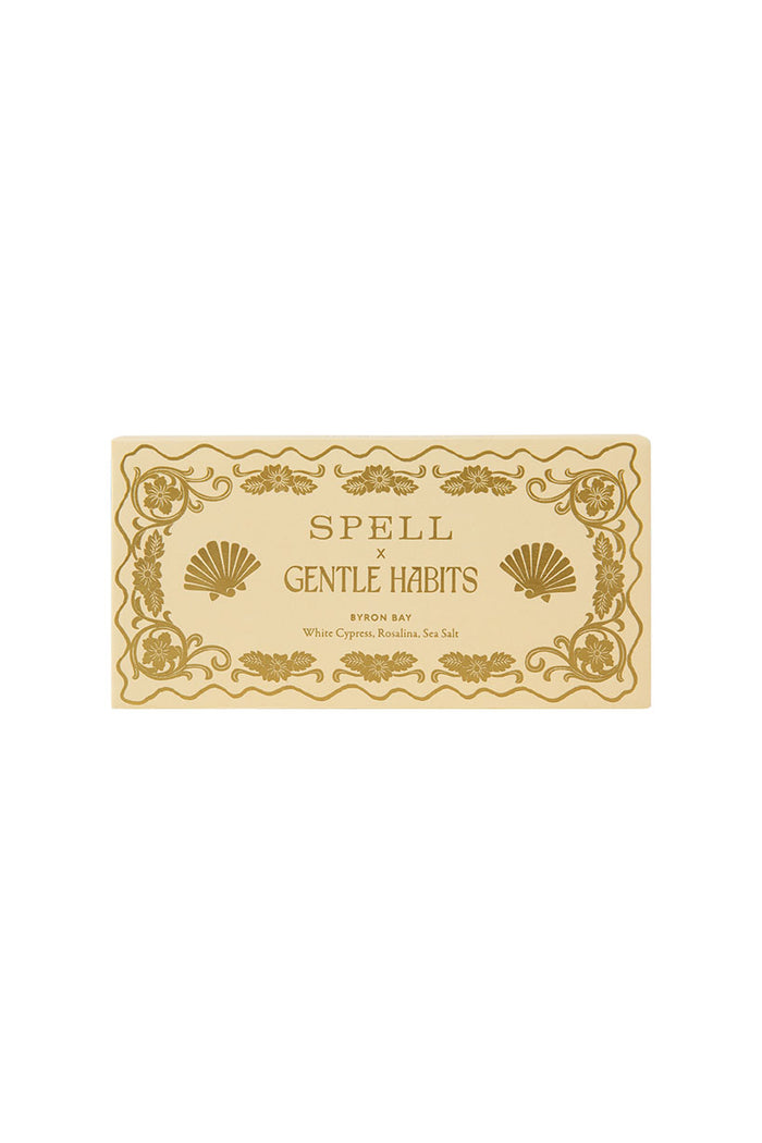Spell x Gentle Habits incense box with gold floral and shell motif on cream card packaging
