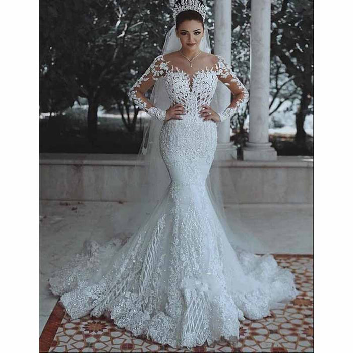 Trumpet/Mermaid Long Sleeves Sweetheart Sweep/Brush Train Applique Tulle Wedding Dresses