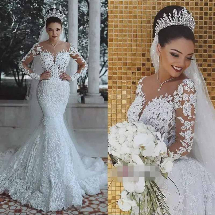 Trumpet/Mermaid Long Sleeves Sweetheart Sweep/Brush Train Applique Tulle Wedding Dresses