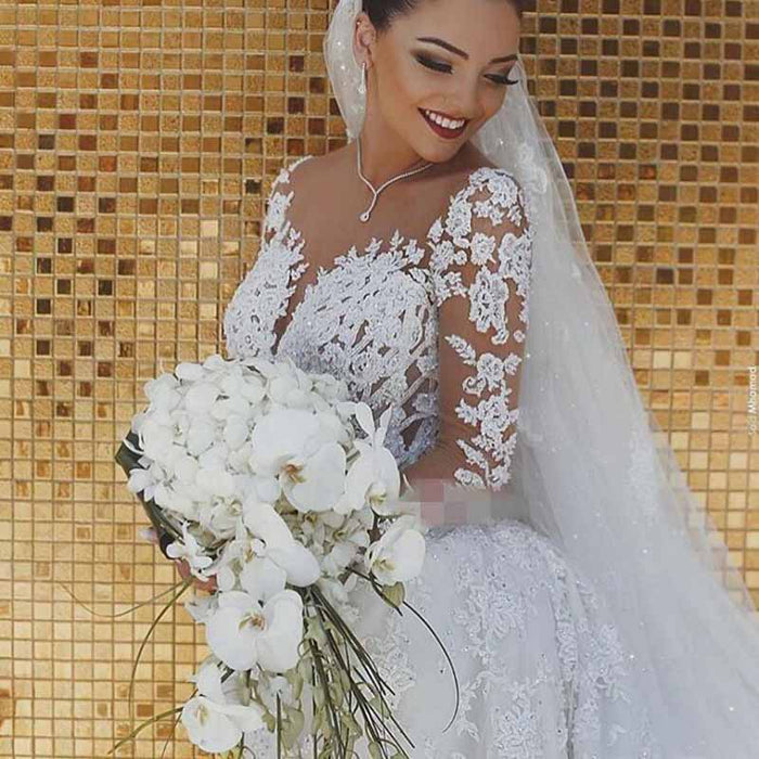 Trumpet/Mermaid Long Sleeves Sweetheart Sweep/Brush Train Applique Tulle Wedding Dresses