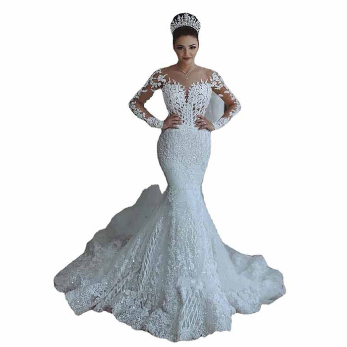 Trumpet/Mermaid Long Sleeves Sweetheart Sweep/Brush Train Applique Tulle Wedding Dresses