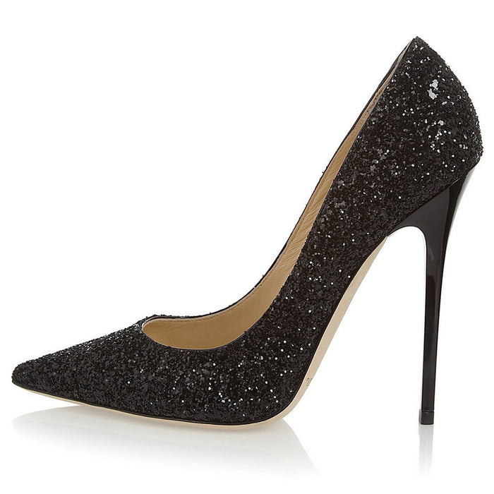 Tucomosi Black Sequin Single Shoes Point Toe High Heels Stiletto