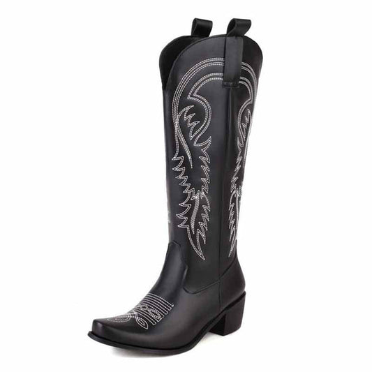 Tucomosi embroidered cowgirl knee high boots in black with intricate stitching details