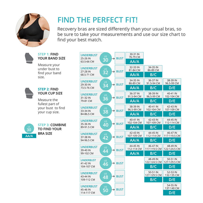 Size chart for recovery bras with step-by-step instructions on finding the perfect fit.