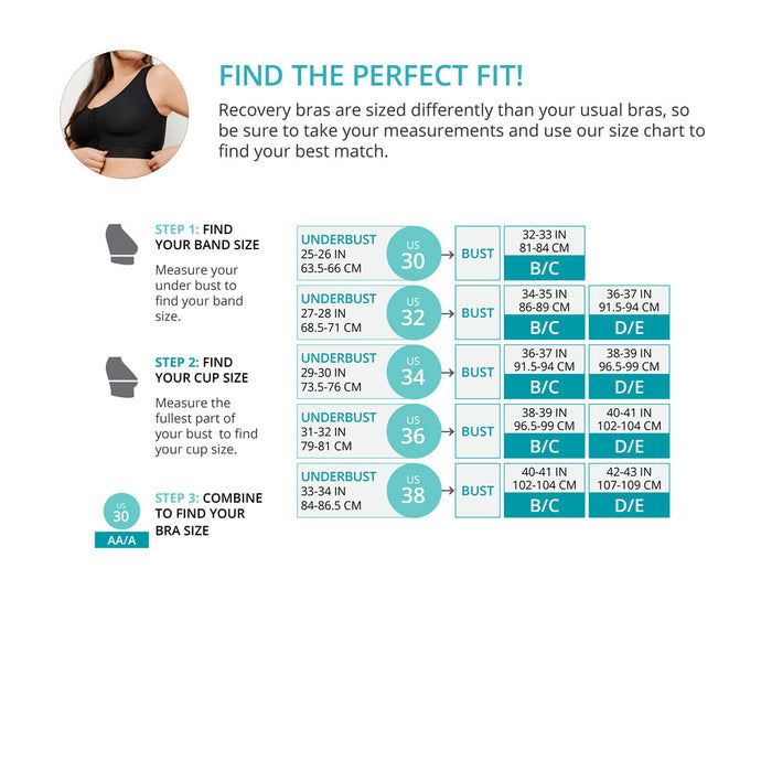 Instructions for finding the perfect fit for recovery bras with measurement chart.