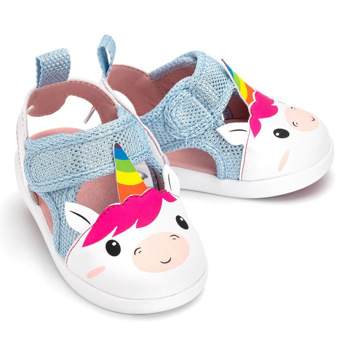 Unicorn Squeaky Toddler Sandals | White/Sparkly Blue Squeaky Sandals ikiki® Shoes Size 3