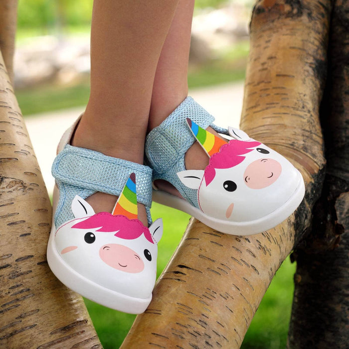 Unicorn Squeaky Toddler Sandals | White/Sparkly Blue Squeaky Sandals ikiki® Shoes