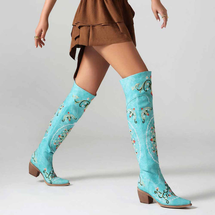 Unique embroidered cowboy boots women in vibrant blue with floral designs for stylish outfits