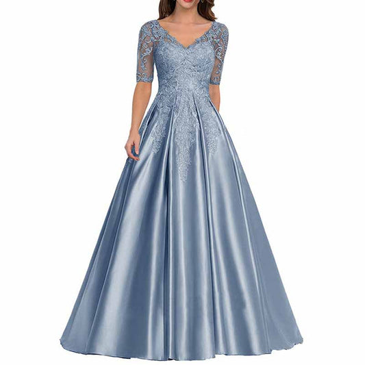 V Neck Satin Prom Bridesmaid Dresses Appliques Evening Dresses Long Formal Party Ball Gowns