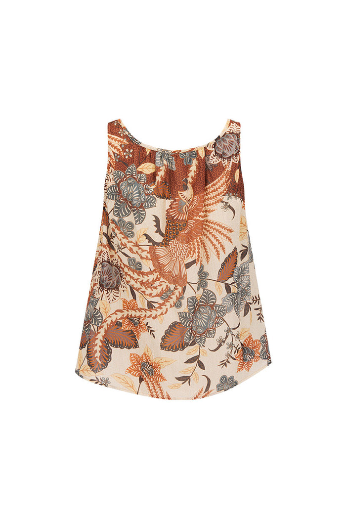 Back view flat lay of Volcano Goddess Cami in Coconut with gathered neckline and phoenix botanical print
