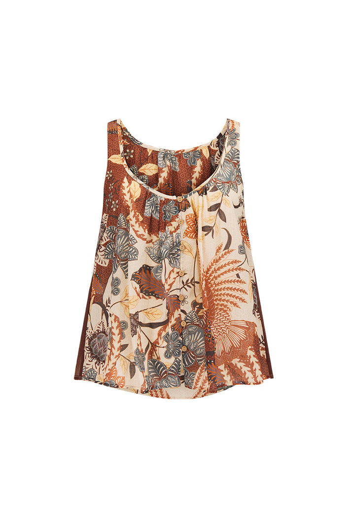 Volcano Goddess Cami front flat lay, coconut botanical print, button-front opening with neck gathers, brown multi