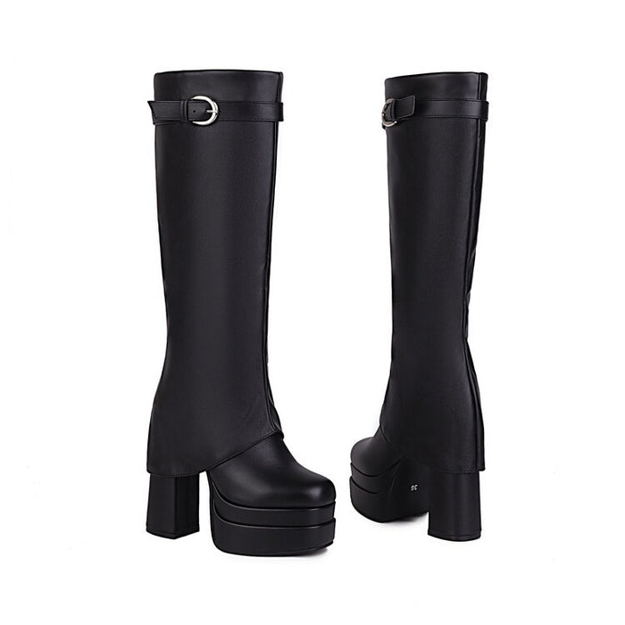 Black waterproof chunky platform boots with knee-high design and stylish buckle detail