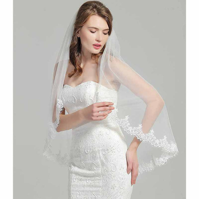Wedding Bridal Veil with Comb Lace Applique Edge Veil