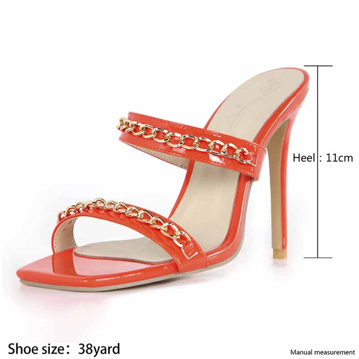Stylish red wedding heels for summer bride with chain detail and 11cm stiletto heel