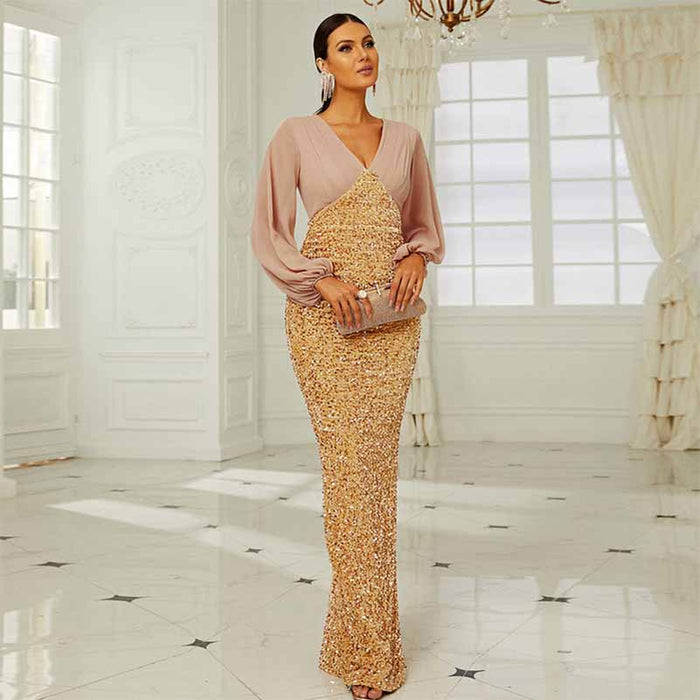 Wedding Long Sleeve Sequins Hip Wrap Fishtail Prom Dress