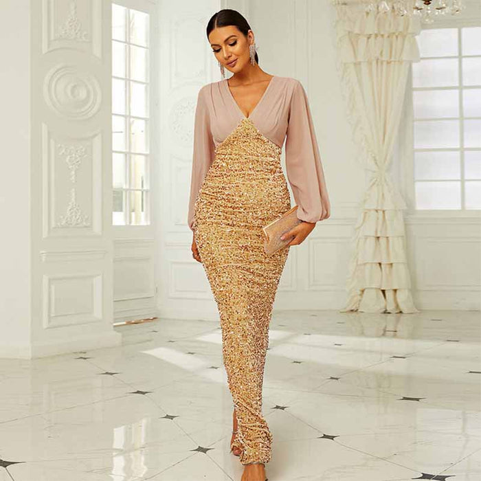 Wedding Long Sleeve Sequins Hip Wrap Fishtail Prom Dress