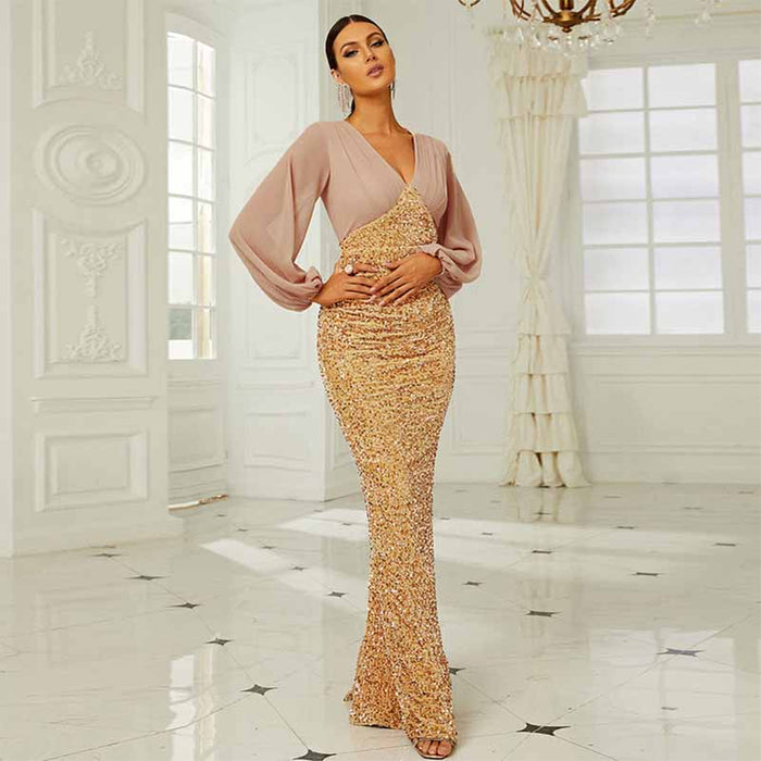 Wedding Long Sleeve Sequins Hip Wrap Fishtail Prom Dress