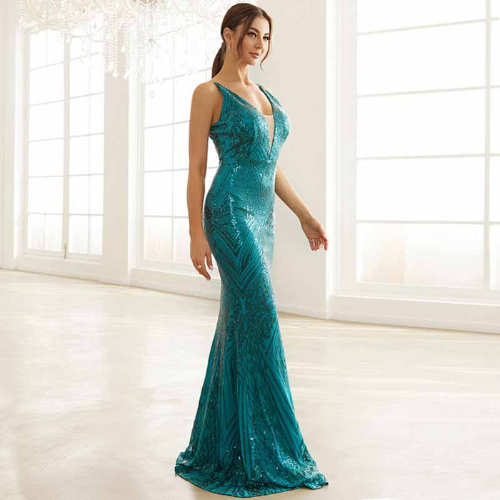 Wedding Sleeveless Green Sequins Hip Wrap Fishtail Prom Dress
