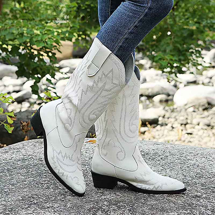 Western Cowgirl Cowboy Boots Wide Calf Pointed Toe Embroidered Shoes