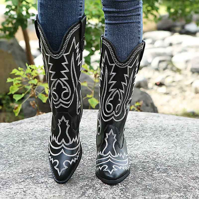 Western Cowgirl Cowboy Boots Wide Calf Pointed Toe Embroidered Shoes