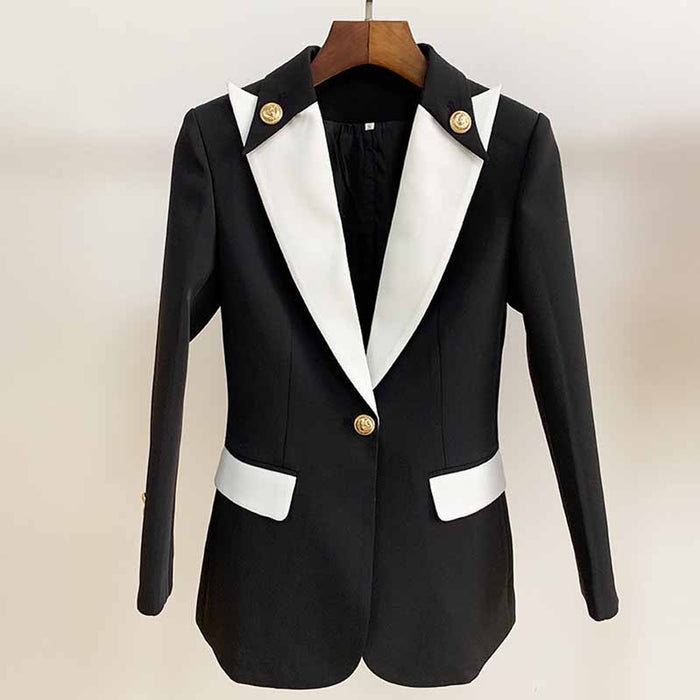 White Collar Blazer Black Jacket with Elegant White Lapels and Stylish Gold Buttons