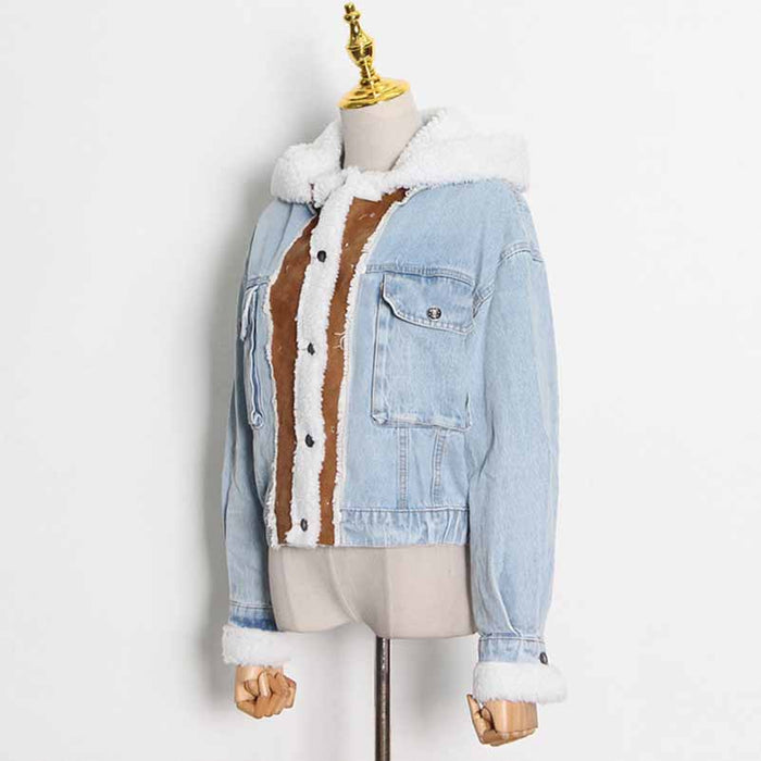 Winter Jean Coat for Women Oversized Lamb Wool Hoodie Coats Patchwork Denim Jackets