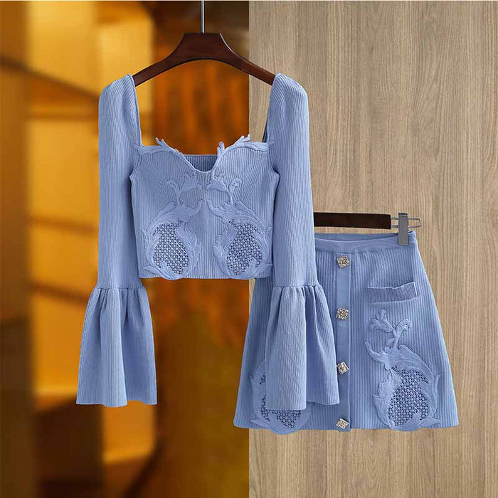 Women 2 Pieces Skirt Suit Knitted Top + Mid-High Rise Mini Skirt Suit
