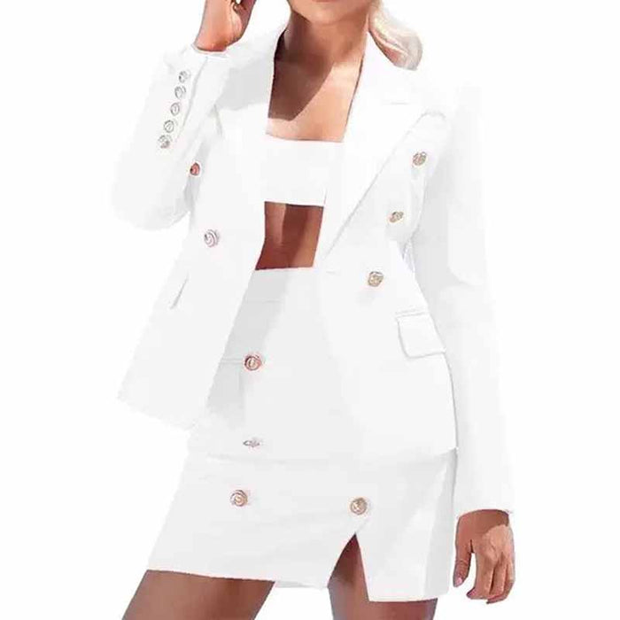 Women 2 Pieces White Blazer + Mid-High Rise Mini Skirt Suit Busines Suit