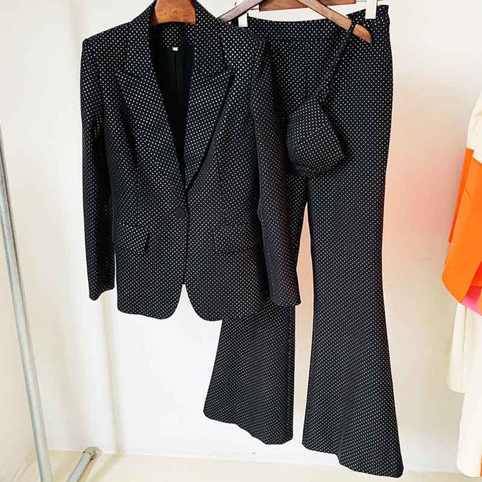 Women Black Bling Bling Bra+ Blazer + Flare Trousers 3 Pieces Suit
