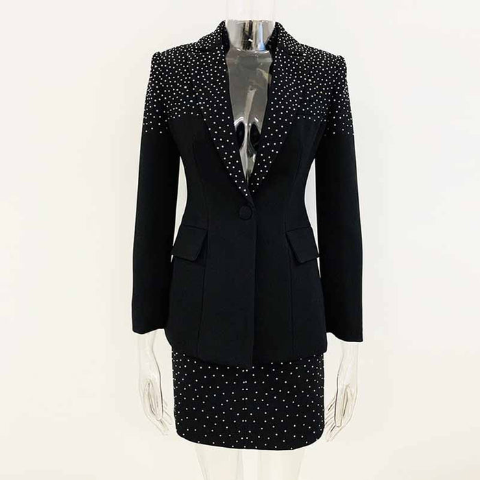 Women Black Bling Bling Hot Drill Studs Fitted Blazer + Mini Skirt Suit Black