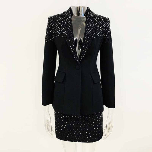 Women Black Bling Bling Hot Drill Studs Fitted Blazer + Mini Skirt Suit Black