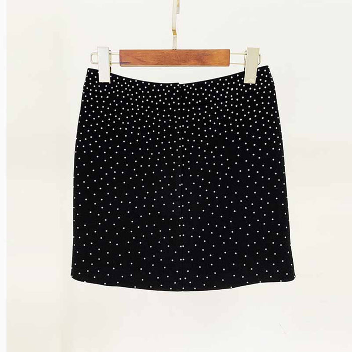 Women Black Bling Bling Hot Drill Studs Fitted Blazer + Mini Skirt Suit Black