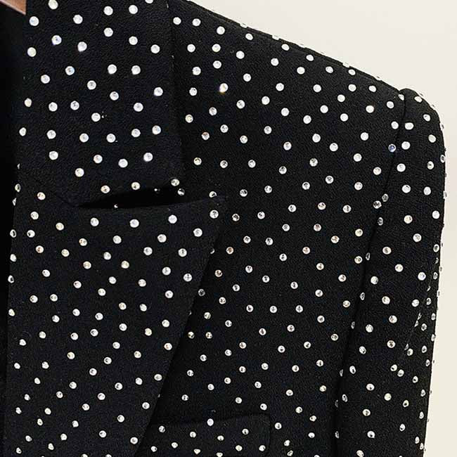 Women Black Bling Bling Hot Drill Studs Fitted Blazer + Mini Skirt Suit Black