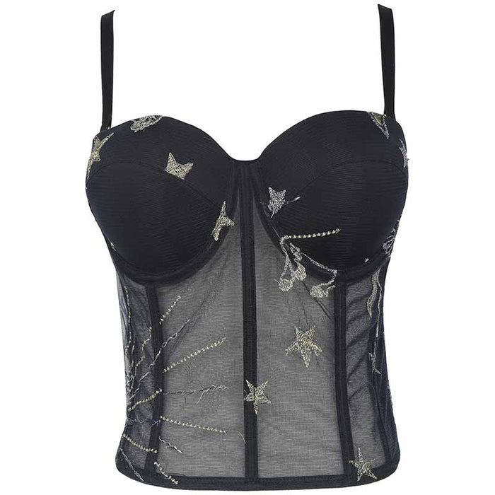 Women Black Flocked Velve Embellished Mesh Bralet Crop Top