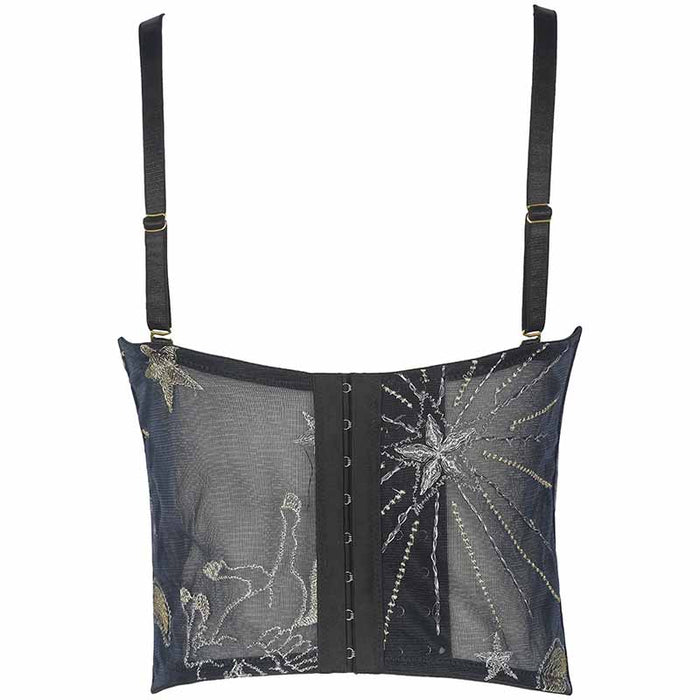 Women Black Flocked Velve Embellished Mesh Bralet Crop Top
