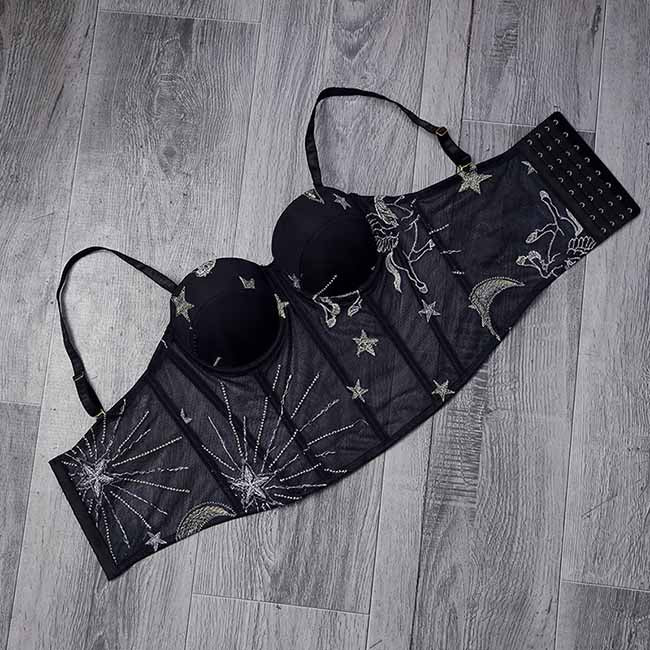 Women Black Flocked Velve Embellished Mesh Bralet Crop Top