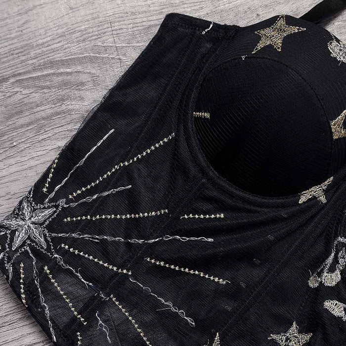 Women Black Flocked Velve Embellished Mesh Bralet Crop Top