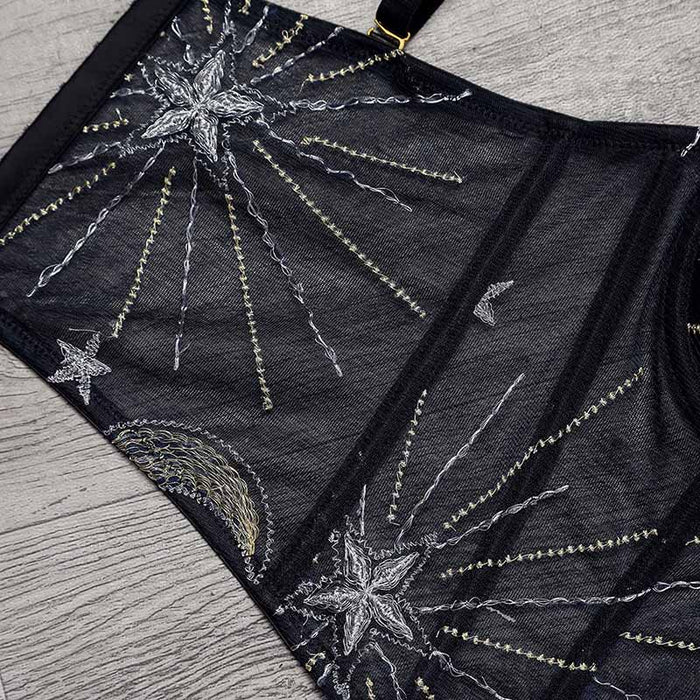 Women Black Flocked Velve Embellished Mesh Bralet Crop Top