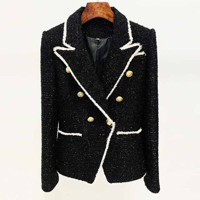 Women Black Fringed Gold Double Breasted Button Metal Buckle Slim Blazer
