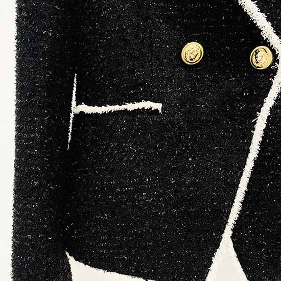 Women Black Fringed Gold Double Breasted Button Metal Buckle Slim Blazer